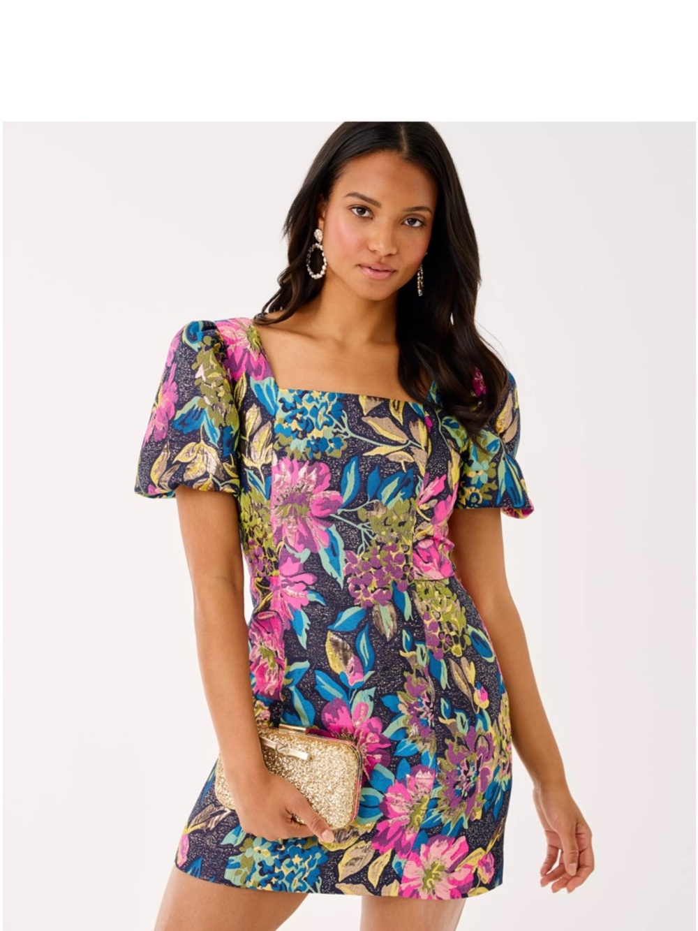 Lilly Pulitzer Navy Floral Puff-Sleeve Dress with Pink & Blue Blooms